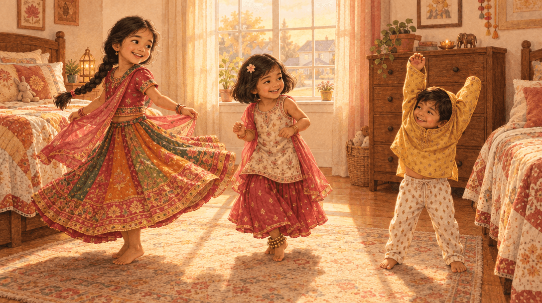 Neel raises both arms while stuck in his yellow kurta as Mira spins and Aria jingles.