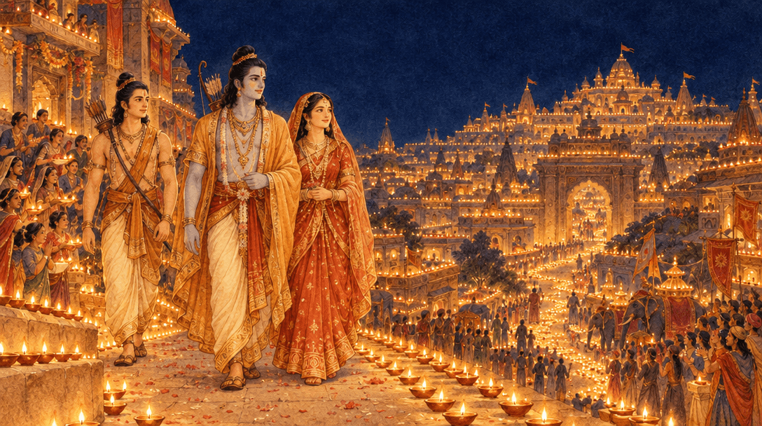 Ram, Sita, and Lakshman walk toward Ayodhya on a moonless, diya-lit night.