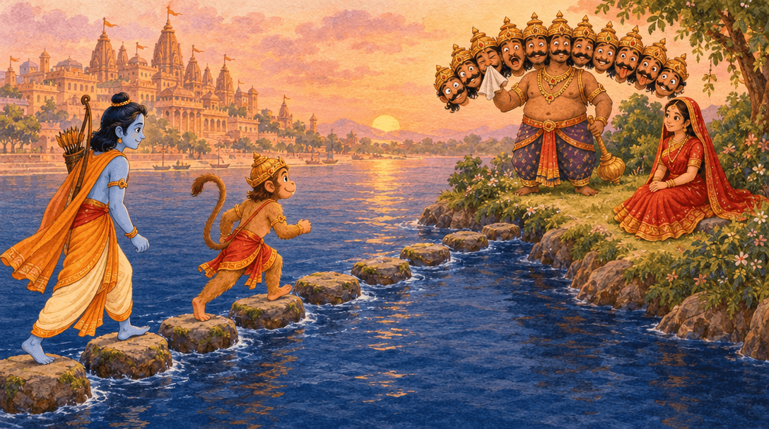 Ram and Hanuman cross a floating-stone bridge to Sita waiting on the island as ten-headed Ravan acts silly.