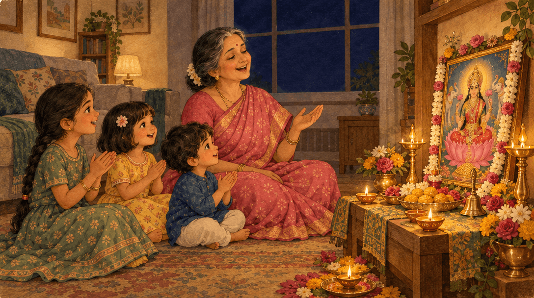 Nani sings with the children at the pooja table beside a window showing a dark, moonless sky.